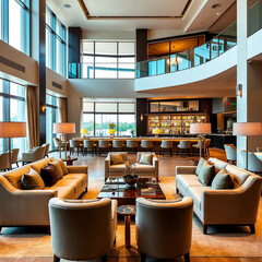 Modern luxury hotel lobby with elegant furniture and panoramic windows