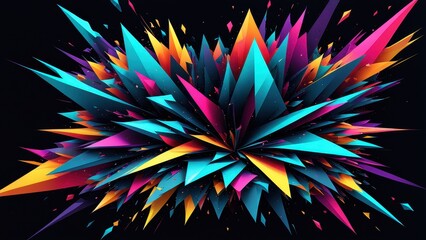 Fototapeta premium A vibrant, abstract explosion of sharp, colorful geometric shapes against a dark background.