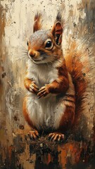 Oil painting style, a squirrel depicted with rich, textured brushstrokes, set against a natural background with warm, earthy tones.