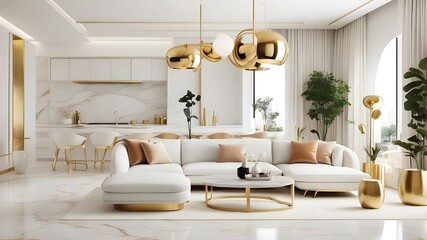 A modern living room featuring a white and gold theme, with white walls and furniture complemented by gold accents on light fixtures, decorative elements, and trim. The clean, minimalist design is hig