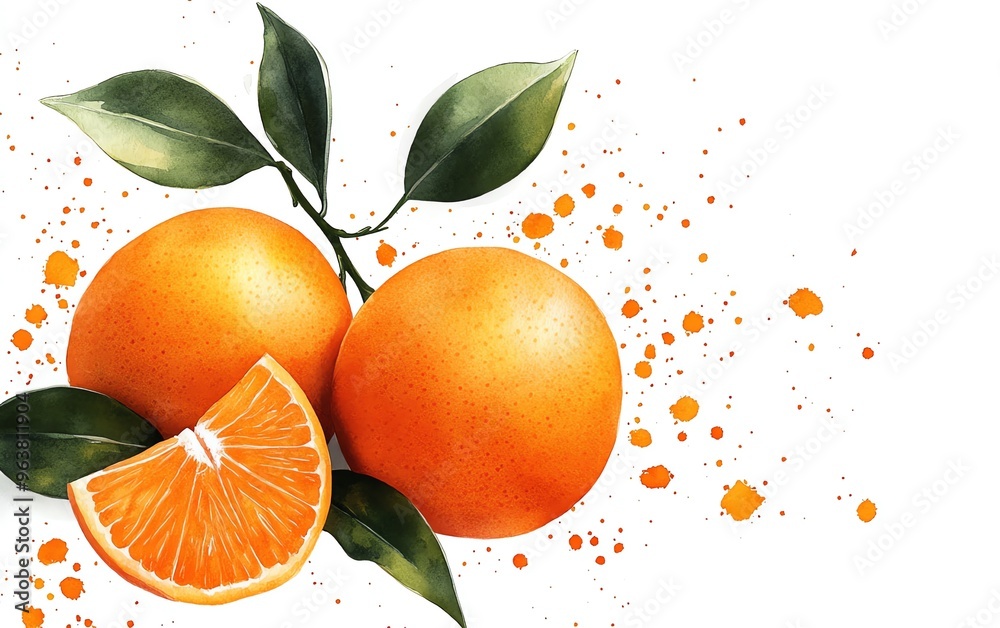 Wall mural Tangerine clipart, fruit element, watercolor illustration, crisp lines, bright orange, isolated on white background