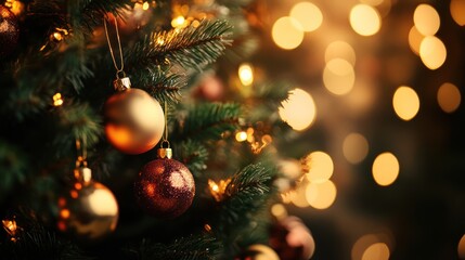 Christmas Tree With Baubles And Blurred Shiny Lights