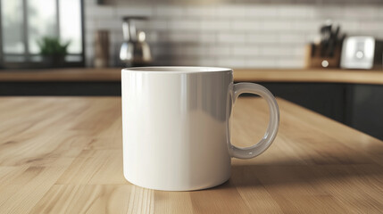 木製テーブルに乗った白いコーヒーマグカップのモックアップとキッチン背景をリアルに描いたAI生成画像