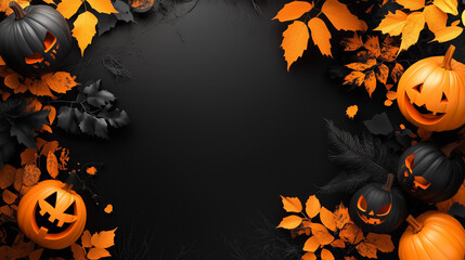 おばけカボチャと落ち葉をハロウィンコンセプトでフレーム状にリアルに描いたAI生成画像 © maxidesign
