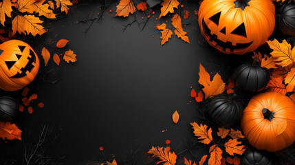 おばけカボチャと落ち葉をハロウィンコンセプトでフレーム状にリアルに描いたAI生成画像 © maxidesign