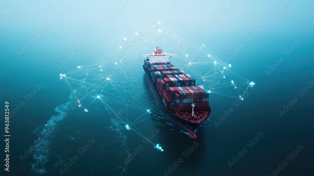 Wall mural container ship at sea with digital network links, digital trade network connection concept, global s