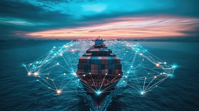 Container ship at sea with digital network links, digital trade network connection concept, global shipping industry