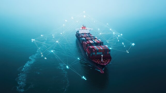 Container ship at sea with digital network links, digital trade network connection concept, global shipping industry