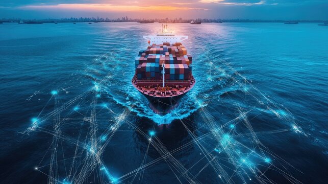 Container ship at sea with digital network links, digital trade network connection concept, global shipping industry
