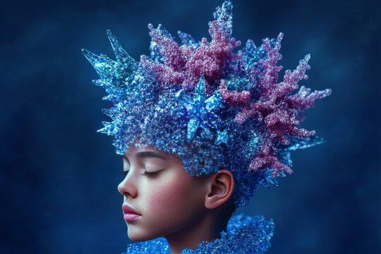Inhibitory postsynaptic potential mechanosensory neurons and lateral geniculate nucleus woman adorned with intricate crystalline neural structures symbolizing brain connectivity and cognitive energ