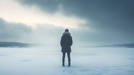 Obraz premium 80. A person standing in a snow-covered landscape, cold expression