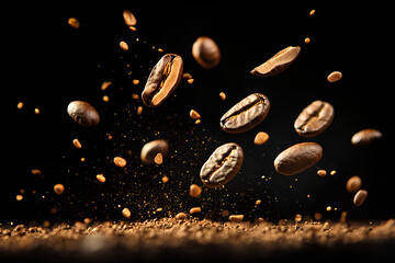Coffee beans and grounds floating in mid-air against a black background.