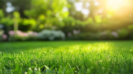 close-up of lush green grass in the foreground with a beautifully blurred garden and trees in the...