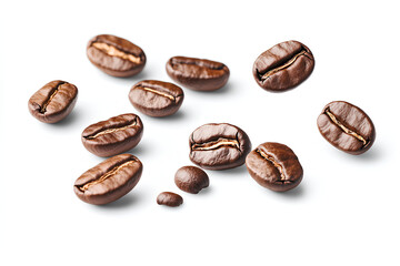 Closeup of roasted coffee beans falling on white background.