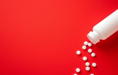 White Bottle of Pills with Scattered White Round Tablets on a Red Background 