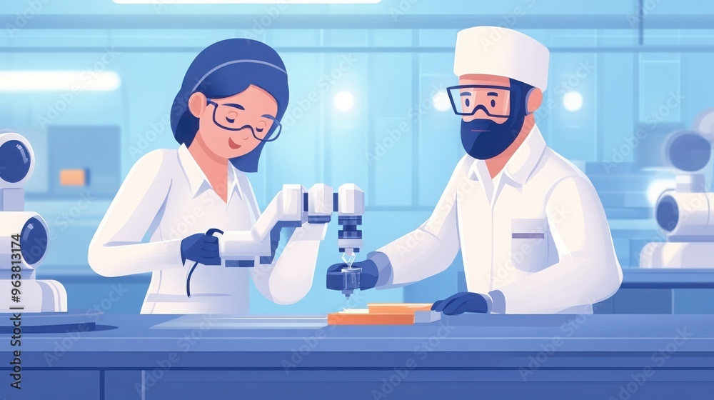 Wall mural two scientists working with advanced microscopes in a modern laboratory setting, focused on research