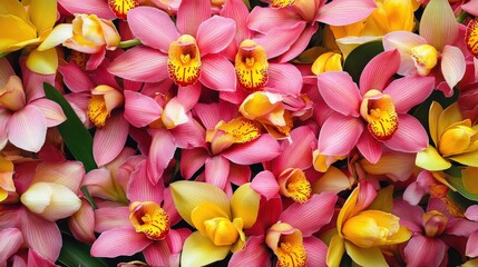 A vibrant display of Cymbidium orchids, with their large blooms in shades of pink and yellow