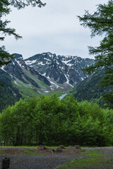 日本　長野県松本市安曇にある山岳景勝地の上高地　新緑に囲まれた梓川と後ろに見える穂高連峰
