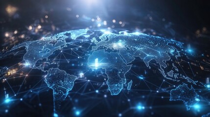 World with digital trade routes and nodes, network connection, international trading