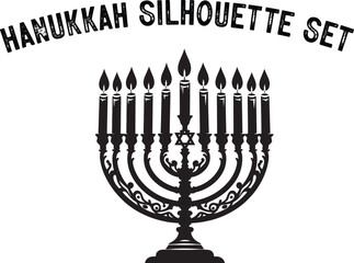 
Menorah Silhouette. Candlesticks silhouette, Hanukkah set. Black and white isolated vector illustration. lack silhouette of chanukiah set hanukkah, hanukkah, menorah and lights ceremony silhouette. 