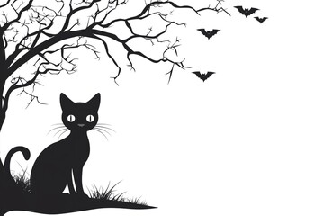 Fundo fotográfico de Halloween com ilustração de um gatinho preto observando, perfeito para criar composições misteriosas e mágicas. Ideal para projetos criativos e designs de Halloween