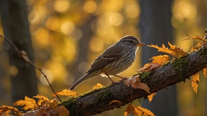 Fototapeta premium Sparrow Perched on a Branch with a Backdrop of Vibrant Orange Autumn Leaves in a Serene Natural Setting