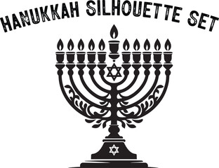 
Menorah Silhouette. Candlesticks silhouette, Hanukkah set. Black and white isolated vector illustration. lack silhouette of chanukiah set hanukkah, hanukkah, menorah and lights ceremony silhouette. 