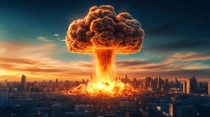  devastating nuclear explosion. The towering mushroom cloud dominates the scene, symbolizing destruction, chaos, and the destructive force of humanity