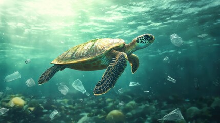 Obraz premium Majestic Green Sea Turtle Swimming Gracefully in Serene Underwater Realm