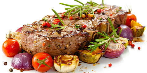 a grilled steak with herbs and vegetables, served on a bed of fresh herbs and vegetables.