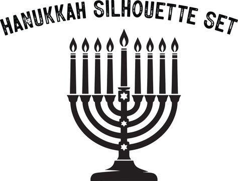 
Menorah Silhouette. Candlesticks silhouette, Hanukkah set. Black and white isolated vector illustration. lack silhouette of chanukiah set hanukkah, hanukkah, menorah and lights ceremony silhouette. 