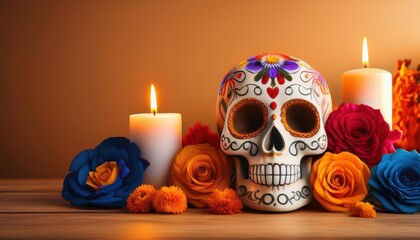 burning candle on the background of flowers and skull day of the dead