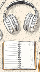 Open Notebook with Headphones on Desk Background Illustration 