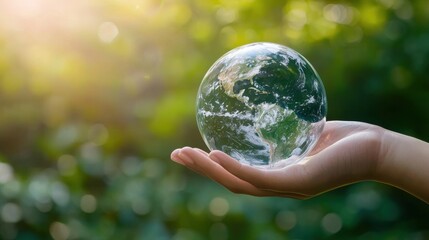 Cupped Hand Holding Glowing Earth Globe with Green Nature Background