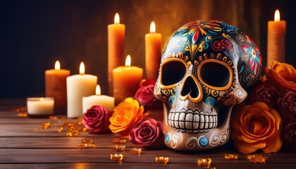 candles and mexican skull dia de muertos