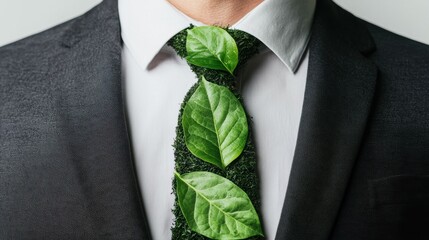 Eco Friendly Business Suit with Green Leaf Tie Reflecting Corporate Sustainability