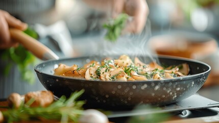 Close-up of Maitake mushrooms sautéing, with golden, crispy layers and aromatic herbs.