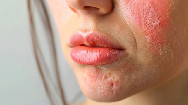Closeup image of womans red facial rash caused by lupus allergy. Concept Skin Conditions, Lupus Allergy, Facial Rash, Closeup Image, Women's Health 