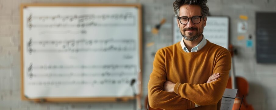 A music teacher giving a lesson in a studio, musical theme, side view, educational and inspiring, advanced tone, Vivid