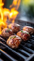 K&ouml;ttbullar cooking over an open flame, showcasing the caramelization and rich texture of the meatballs.