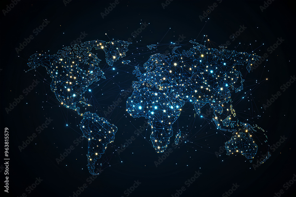 Poster a stylized world map with a blue and orange color scheme representing global connection and data flo
