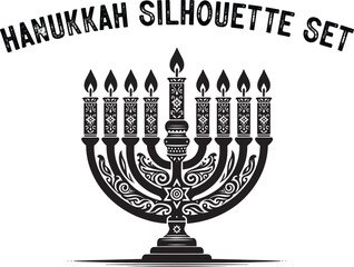 
Menorah Silhouette. Candlesticks silhouette, Hanukkah set. Black and white isolated vector illustration. lack silhouette of chanukiah set hanukkah, hanukkah, menorah and lights ceremony silhouette. 