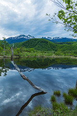日本　長野県松本市安曇の乗鞍高原　まいめの池に鏡面上に映る乗鞍岳