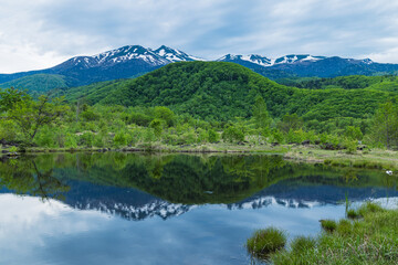 日本　長野県松本市安曇の乗鞍高原　まいめの池に鏡面上に映る乗鞍岳