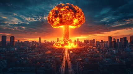  devastating nuclear explosion. The towering mushroom cloud dominates the scene, symbolizing destruction, chaos, and the destructive force of humanity