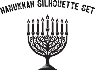 
Menorah Silhouette. Candlesticks silhouette, Hanukkah set. Black and white isolated vector illustration. lack silhouette of chanukiah set hanukkah, hanukkah, menorah and lights ceremony silhouette. 