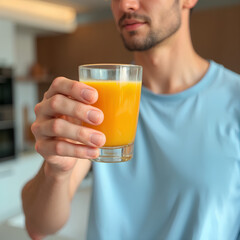 Fototapeta premium A man in a blue shirt holds a glass of orange juice in a modern kitchen with soft lighting.