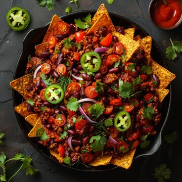 Mexican nachos with chili con carne. Top view.