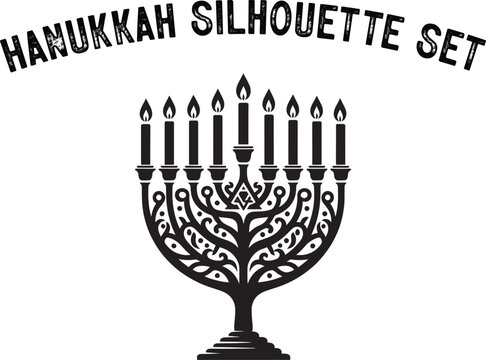 
Menorah Silhouette. Candlesticks silhouette, Hanukkah set. Black and white isolated vector illustration. lack silhouette of chanukiah set hanukkah, hanukkah, menorah and lights ceremony silhouette. 