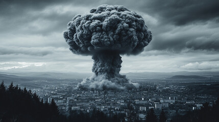  devastating nuclear explosion. The towering mushroom cloud dominates the scene, symbolizing destruction, chaos, and the destructive force of humanity